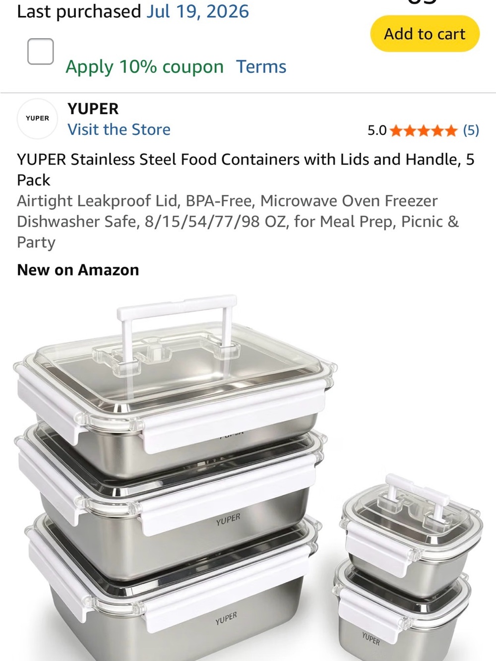 Stainless Steel Food Containers with White Lids & Handle - 5 Pack
